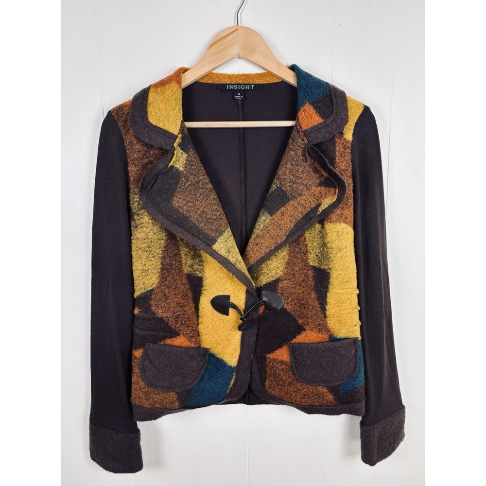 Insight Wool Blend‎ Patchwork Brown Gold Yellow Knit Blazer Cardigan Sz 6 Toggle